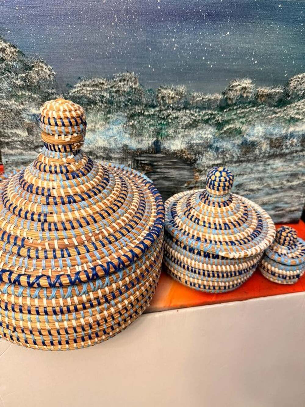 Set of 3 Coiled Hand-Woven Lidded Baskets - West African Senegal Style Nesting T